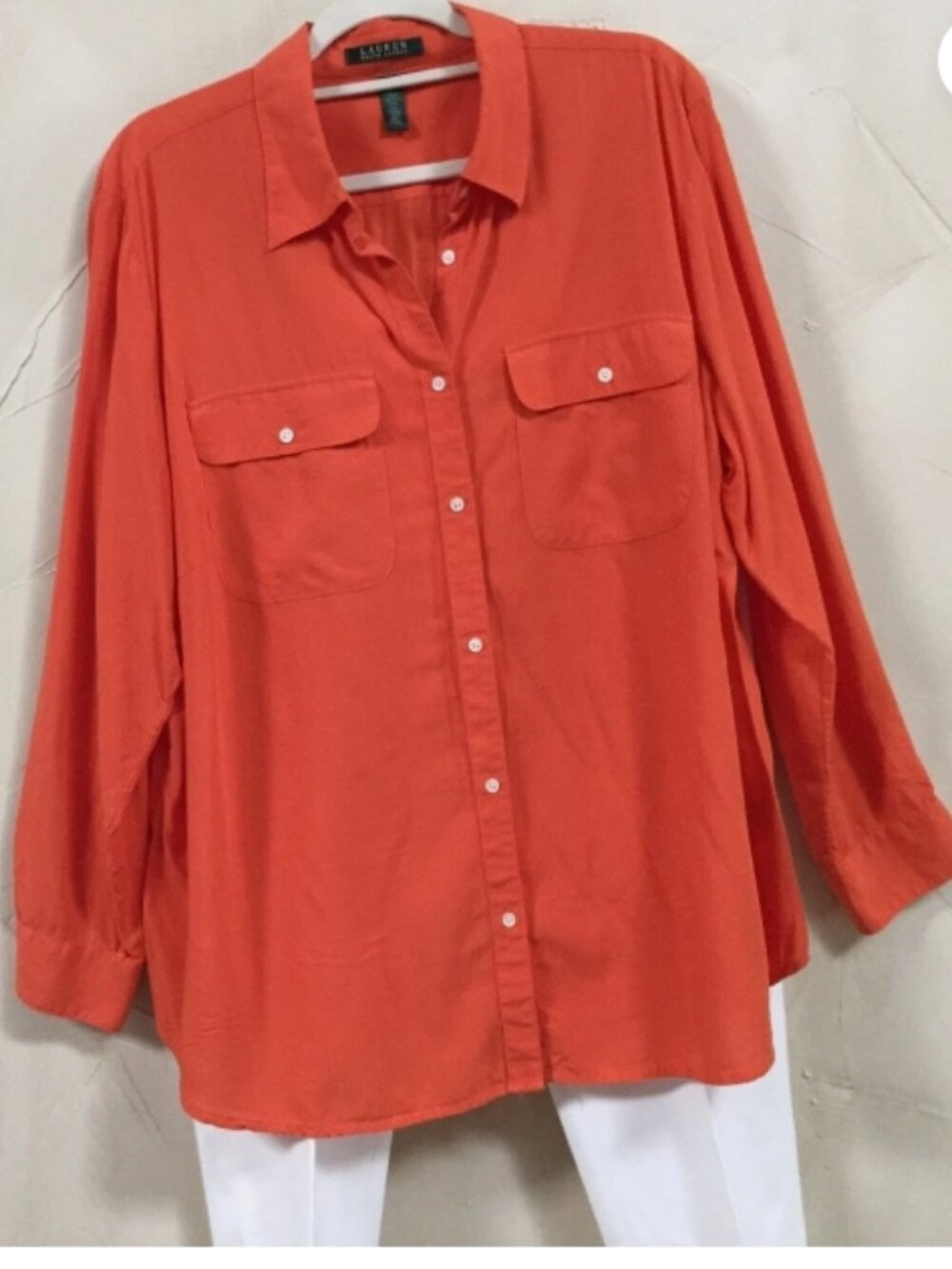 Lauren Ralph Lauren Women Plus Size 2X Blouse Button Front Orange Pockets - Picture 3 of 7